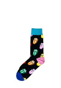 Sort sok med farverige Rolling Stones-logo mønstre, turkis ribkant, rosa og blå accenter på hælen og tåen. Blød stof tekstur.