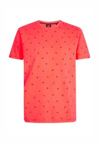 Kurzarm-T-Shirt in leuchtendem Korallenrot mit wiederholten kleinen dunkelrosa Vogelmotiven. Klassischer Rundhalsausschnitt, glatte Textur und lässiges Design.