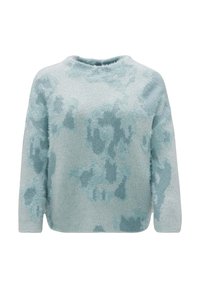 Himmelblau gestrickter Pullover mit einem strukturierten Muster, Rundhalsausschnitt und Ärmeln bis zum Ellenbogen. Weiches, flauschiges Material mit abstrakten Formen.