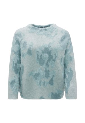 Himmelblau gestrickter Pullover mit einem strukturierten Muster, Rundhalsausschnitt und Ärmeln bis zum Ellenbogen. Weiches, flauschiges Material mit abstrakten Formen.