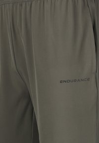 Grijze sportshorts met een elastische tailleband, een zijzak en een bedrukte "ENDURANCE" logo aan de onderzijde links. Glad textuur.