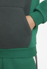 Hettegenser med grønn og mørkegrå fargeblokkdesign, med en frontlomme og ribbestrikkede mansjetter og søm for en teksturert finish.