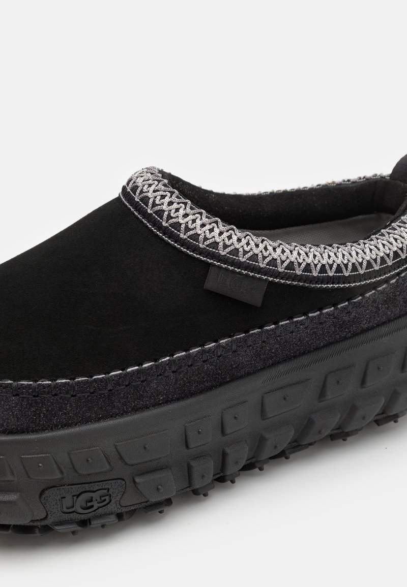 Schwarzer Slipper aus Wildleder und Filzmaterialien, mit einer strukturierten Gummisohle und dekorativer grauer Naht entlang des Kragens. Sichtbares UGG-Branding.