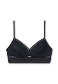 Bralette en dentelle noire de forme triangulaire, avec des bretelles ajustables, un tissu texturé et une bande en maille en bas.