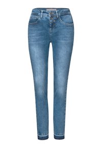 Siniset kapeat farkut, jotka on valmistettu denimistä, ja joissa on korkea vyötärö, kaksinkertainen nappisulku, etutaskut ja hieman haalistunut pinta.