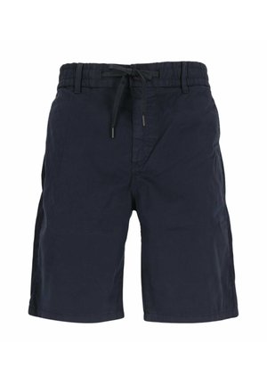 Pantalones cortos informales de color azul oscuro con cintura elástica, trabillas para cinturón y cordón ajustable en la parte delantera.