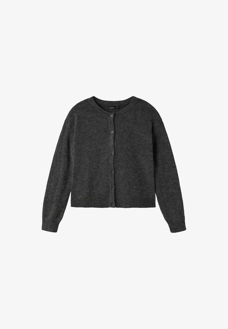 Cardigan grigio scuro, design accorciato, tessuto a maglia testurizzato, scollatura rotonda, chiusura frontale con bottoni e maniche lunghe, leggermente affusolate.