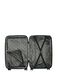 Black hard-shell suitcase with a gray interior, featuring a zippered compartment, crisscross straps, and smooth, rolling wheels.