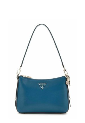 Sac à bandoulière bleu en cuir Guess avec ferrures argentées, logo triangulaire sur le devant, fermeture éclair et bandoulière fine amovible.
