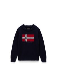 Pull marine bleu à col rond, arborant un motif tricoté de drapeau norvégien en rouge, blanc et bleu sur le devant.