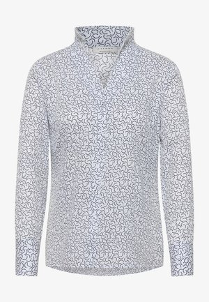 Langärmliges Hemd in Weiß mit einem schwarzen Wirbelmuster, das einen Mandarin-Kragen und eine Knopfleiste hat. Glattes, leichtes Material.