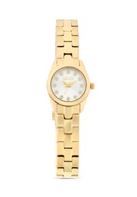 Gouden horloge met een schakelarmband, witte wijzerplaat, 12 kristallen uurmarkeringen en een gestructureerde lunet. Heeft een kroon aan de zijkant.