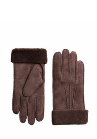 Brown suede gloves with a folded cuff, featuring stitching details and a side panel design for ergonomic fit. Soft texture.