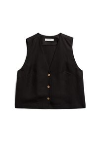 Czarna bezrękawnik z dekoltem w serek, z przodu zapinany na guziki i z dwiema przednimi kieszeniami, wykonany z gładkiego materiału z delikatnym połyskiem.