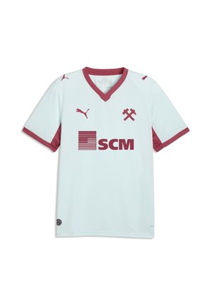 Lyseblå sportsjersey med bordeaux kant, Puma-logoer, korsede hammer-emblem og SCM sponsorlogo på fronten.
