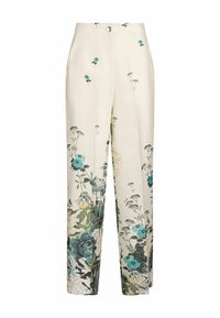 Pantaloni fluenti in crema con stampa floreale turchese e verde. Realizzati in un tessuto leggero con un design a vita alta.