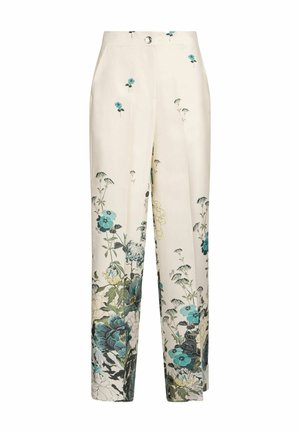 Flydende cremefarvede bukser med et blomsterprint i turkis og grønt. Fremstillet af et letvægtsstof med en høj talje-design.
