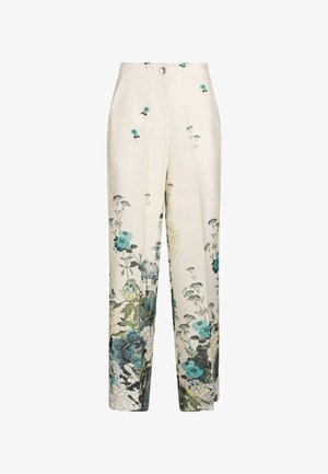 Pantaloni fluenti in crema con stampa floreale turchese e verde. Realizzati in un tessuto leggero con un design a vita alta.
