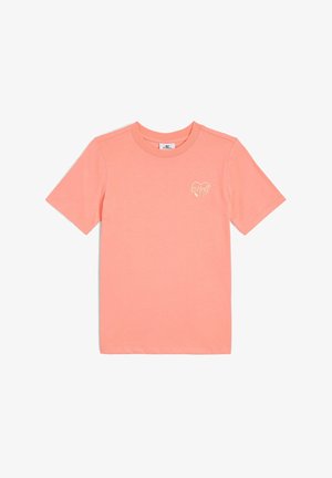 Korallipinkki lühikeste varrukatega T-särk, mis on valmistatud puuvillast. Esiküljel on vasaku rinnaosa peenikesene emblem. Ümmargune krae ja tavaline lõike.