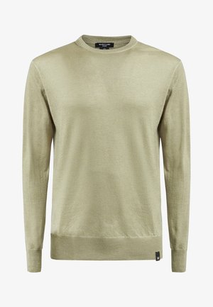 Licht olijfgroene trui met ronde hals, lange mouwen, geribbelde manchetten en zoom, en een klein zwart label aan de onderzoom.