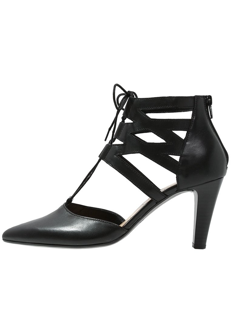 Chaussure à talons hauts noire en cuir lisse, dotée de découpes, d'un bout pointu, de lacets réglables et d'une fermeture éclair à l'arrière.