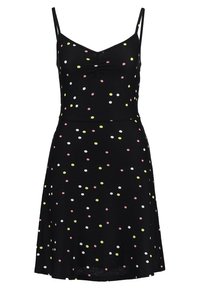 Czarna sukienka bez rękawów z dopasowaną górą i rozkloszowanym dołem, z kolorowymi kropkami w odcieniach różu, żółci i bieli na teksturowanej tkaninie.