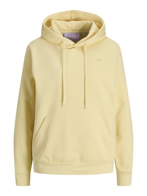 Vaaleankeltainen huppari, jossa etutasku, kiristysnauhat, resorit hihansuissa ja pieni "JJXX"-logo rinnassa.