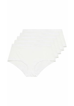 Seis pares de ropa interior blanca lisa y sin costuras, apilados en un diseño en abanico sobre un fondo blanco.