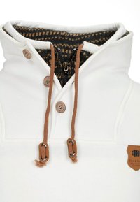 White sweatshirt with a high collar, featuring a dark patterned lining, brown drawstrings, and metal button accents. Leather logo tag included.