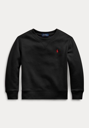 Sort crewneck-sweatshirt med lange ærmer, rød Polo Ralph Lauren-logo på venstre bryst, ribbede manchetter og kant.