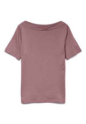 Trumpomis rankovėmis purpurinė marškinėliai su plačiu apvaliu kaklu, pagaminti iš minkštos, lengvos medžiagos, išdėstyti plokščiai ant balto fono.