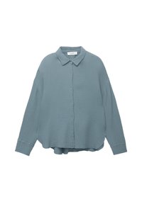 Hellblaues, langärmliges Hemd mit Knöpfen aus strukturiertem Stoff in lockerer Passform, mit Kragen und überschnittenen Schultern.