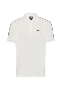 Weißes Poloshirt aus Baumwolle mit einer Knopfleiste mit drei Knöpfen, kurzen Ärmeln, marineblauen Seitenstreifen und einem kleinen gestickten Logo auf der Brust.