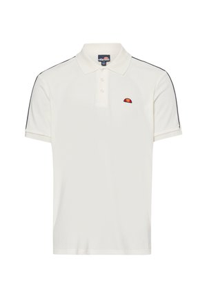 Weißes Poloshirt aus Baumwolle mit einer Knopfleiste mit drei Knöpfen, kurzen Ärmeln, marineblauen Seitenstreifen und einem kleinen gestickten Logo auf der Brust.