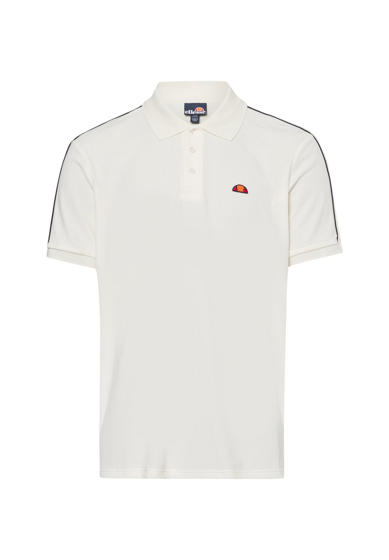 Weißes Poloshirt aus Baumwolle mit einer Knopfleiste mit drei Knöpfen, kurzen Ärmeln, marineblauen Seitenstreifen und einem kleinen gestickten Logo auf der Brust.