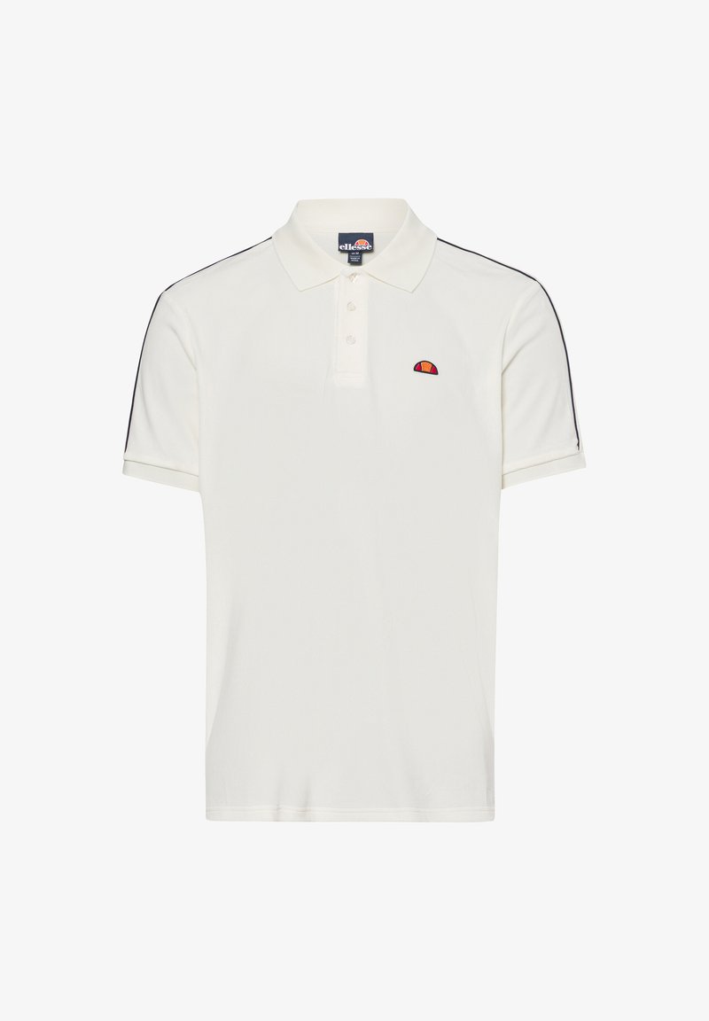 Weißes Poloshirt aus Baumwolle mit einer Knopfleiste mit drei Knöpfen, kurzen Ärmeln, marineblauen Seitenstreifen und einem kleinen gestickten Logo auf der Brust.