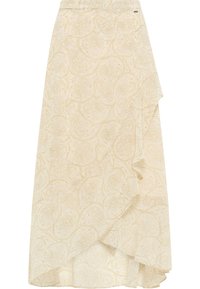 Beige nederdel med et flydende design, der har et paisley-mønster og indviklet broderi. Materialet fremstår let med en blød tekstur.