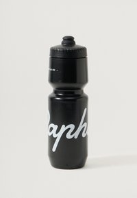 Bouteille d'eau en plastique noir avec une forme conique, finition mate, capuchon à vis strié et graphique en texte blanc "Rapha".