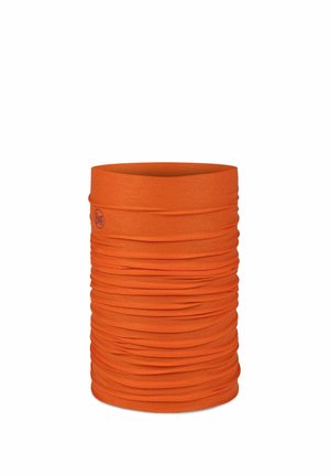 Bright orange multifunctional tubular fabric neck gaiter with subtle logo on side and gathered texture.