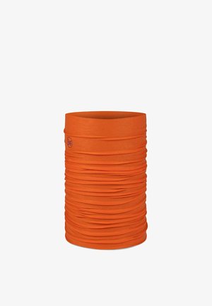Leuchtend orangefarbener multifunktionaler Schlauchschal mit dezentem Logo an der Seite und geraffter Struktur.