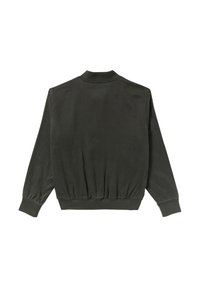 Giacca in cotone grigio scuro con colletto, polsini elastici e vita arricciata. Tessuto liscio, design minimalista e senza motivi visibili.