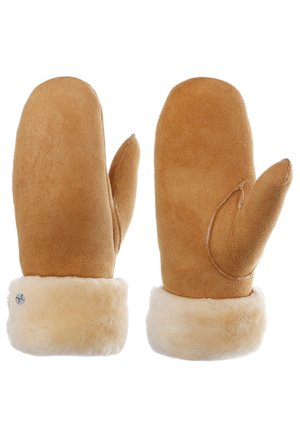 Muffole in suede tan con un morbido polsino in pelliccia beige, caratterizzate da un design di cucitura unico e un piccolo logo in argento su un lato.