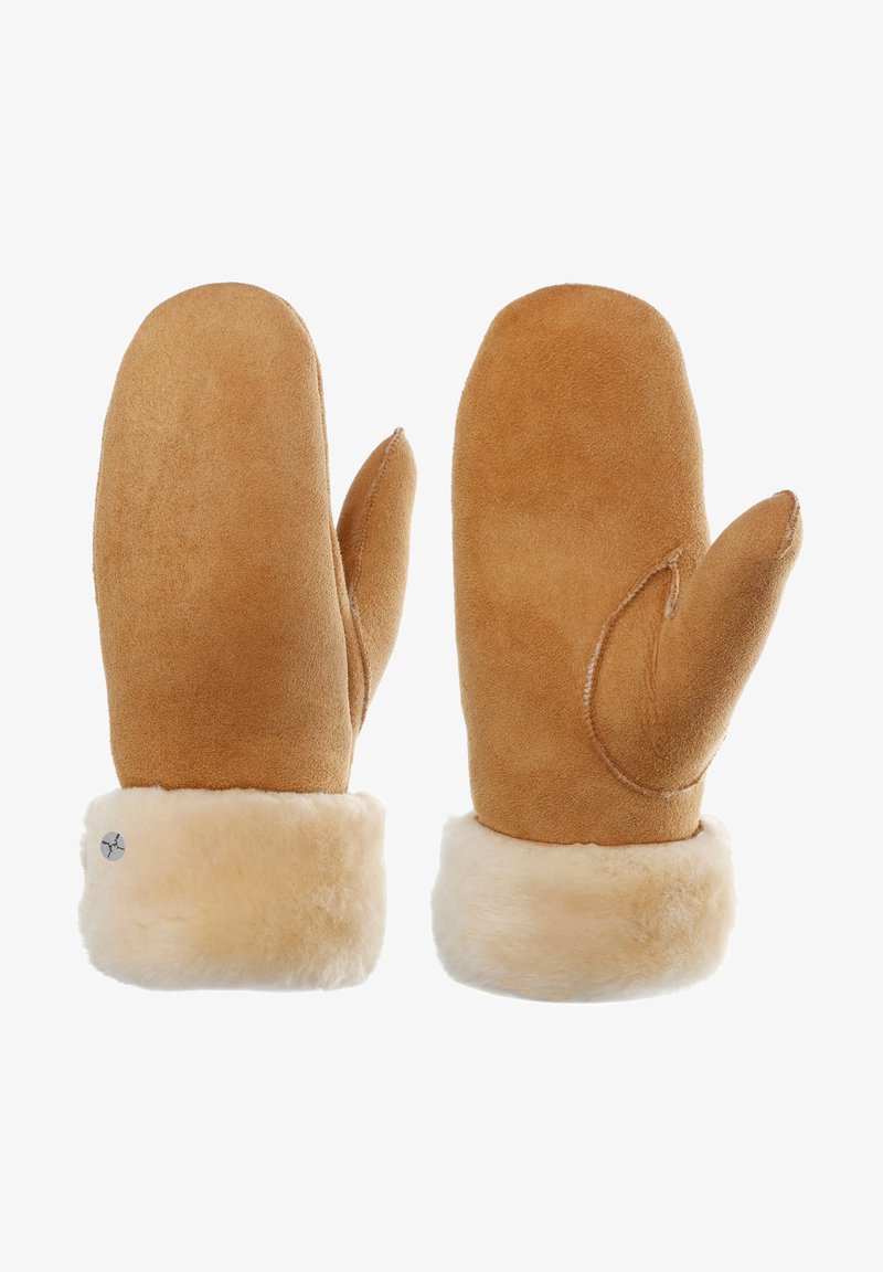 Moufles en daim beige clair avec un doux poignet en fourrure beige, présentant un design de couture unique et un petit accent logo en argent sur un côté.