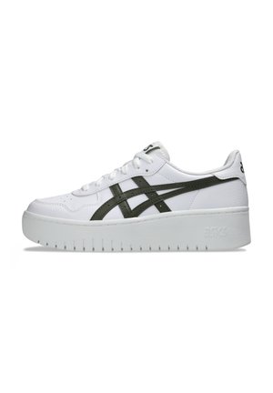 White sneaker with a thick, textured sole. Features green accents and a smooth, leather-like surface. Laced design with perforations.