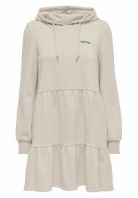 Vestido sudadera beige con cordón, con un dobladillo con volantes y texto verde "low key..." en la parte superior izquierda. Fabricado con tela suave.