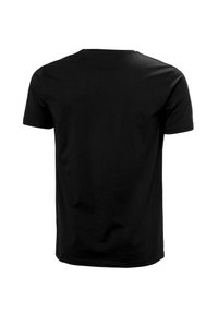 Camiseta de algodón negra con cuello redondo, mangas cortas y una textura simple y suave. La vista posterior muestra un diseño limpio y minimalista.