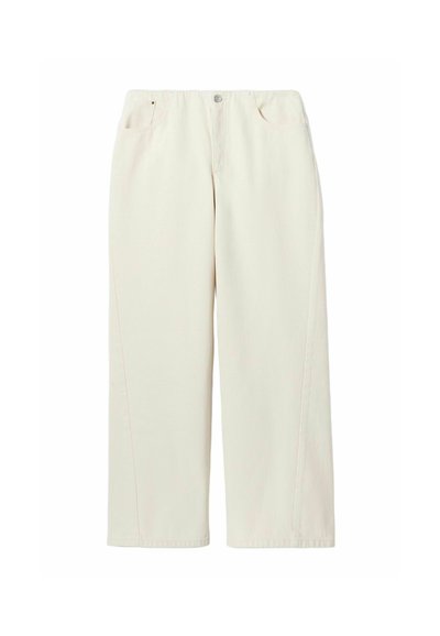 Pantalones de algodón crema de pierna ancha con cierre de botón, cinco bolsillos y costuras sutiles en contraste a lo largo de las costuras.