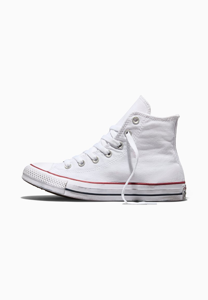White high-top canvas sneaker with white laces, red stripe above a white rubber sole with black trim, shown in side profile.