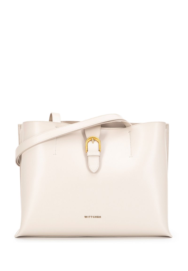 Borsa a tracolla in pelle beige con un design strutturato, dettaglio della fibbia dorata e tracolla staccabile. Include accenti cuciti.