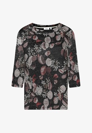 Black floral top featuring a scoop neckline, three-quarter sleeves, and a pattern of red and silver leaves and flowers. Soft texture.